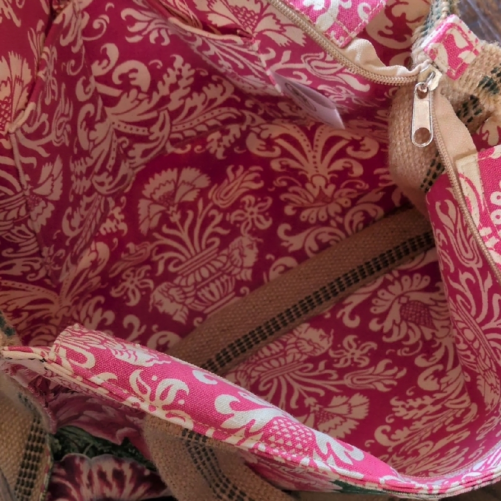 MICHEL DESIGN WORKS I Fabric Floral Butterfly Canvas Tote Bag w/ Burlap Handles - Picture 10 of 14